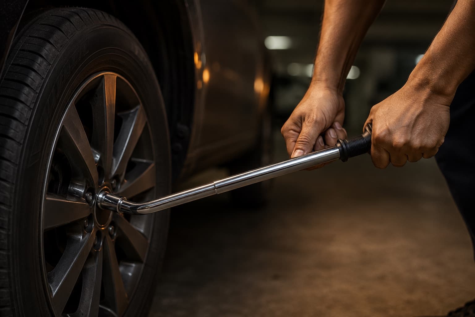 Loosening a wheel nut on a car